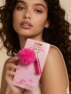 Lip Gloss & Pom Pom Keychain Shimmer Hot Pink Furry Backpack Purse Clip